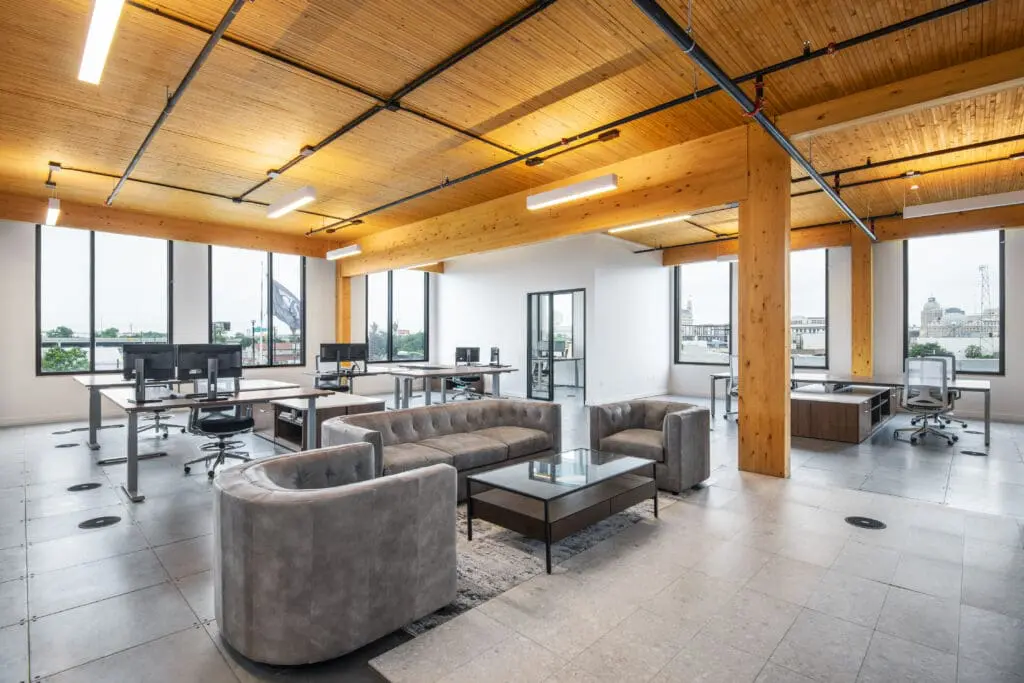 Interior of The Soto Office with exposed DLT floor deck and modern workspace